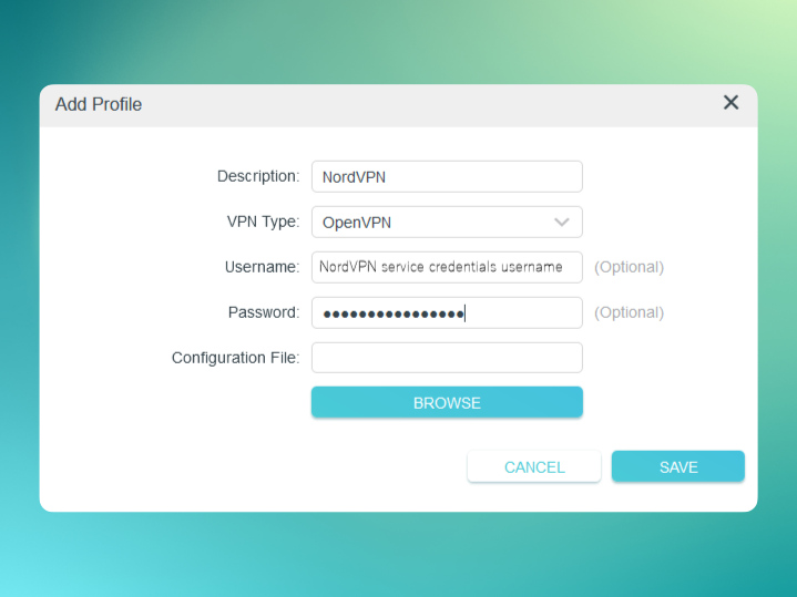 Entering NordVPN configuration details